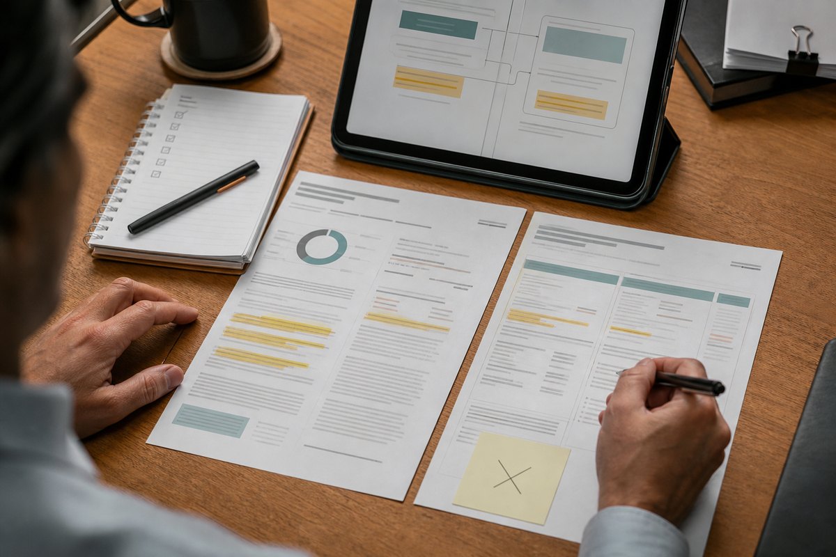 Human reviewer comparing business documents with highlighted evidence fields