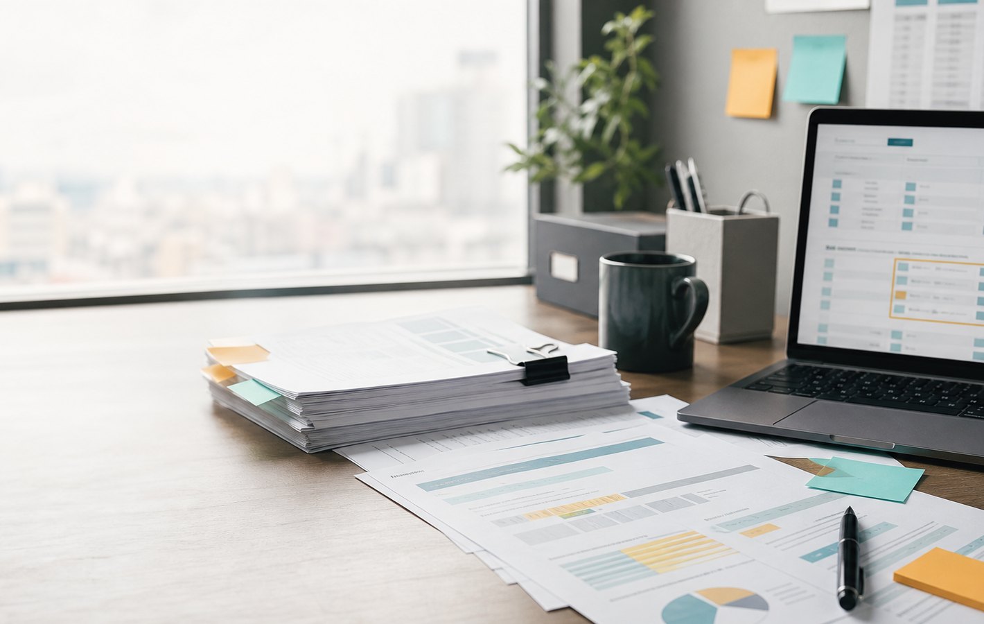 Verification desk with supplier documents, extracted data fields, and review notes